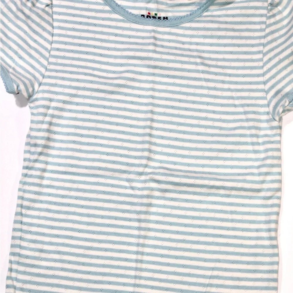 Mini Boden Girls Pointelle Striped Short-Sleeve Tee in Light Blue and White